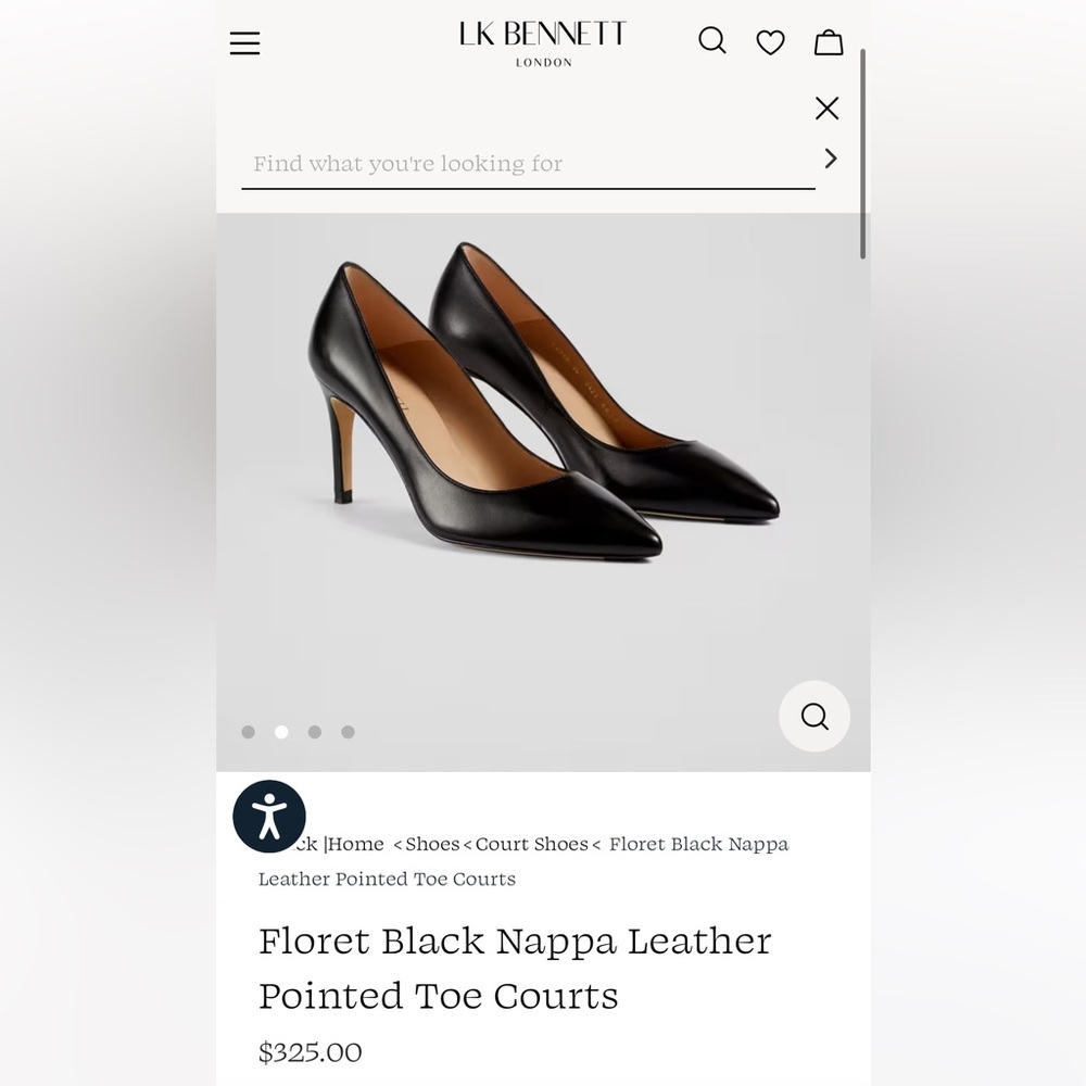 LK Bennett Floret Black Nappa Leather Pointed Toe Courts, size 37